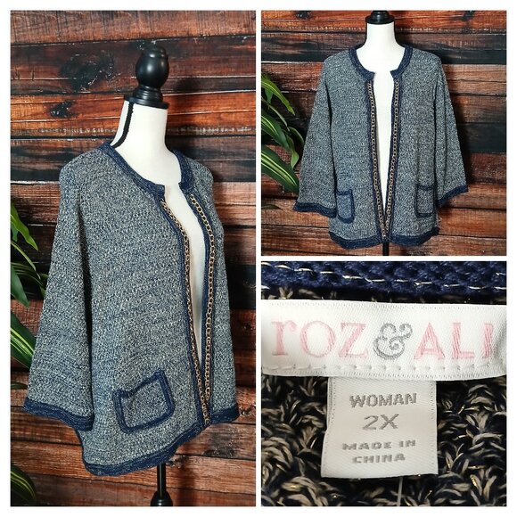 NWT Roz & Ali 2X Cardigan Sweater Knit Jacket Blazer Navy Chain Trim - Picture 1 of 13